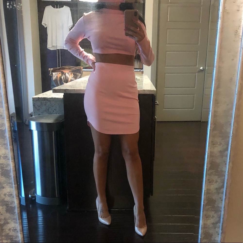 Pink 2 Piece Set (LS Crop Top & High Waist Mini)